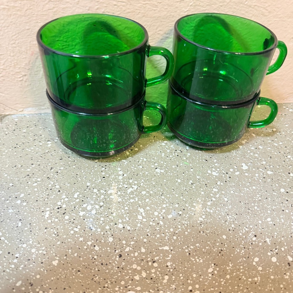 Vereco France Emerald Green Glass Stacking Coffee Mugs Set of 4 Vintage MCM
